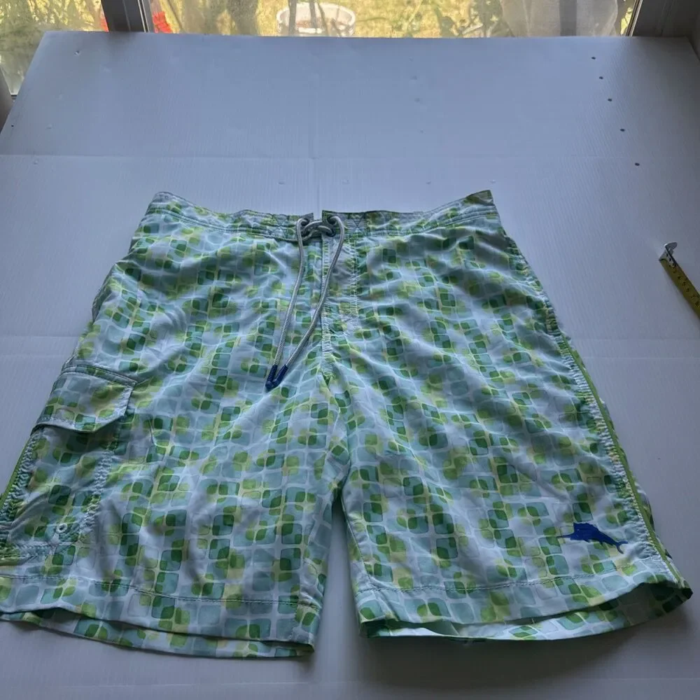 Tommy Bahama Men’s Swim Trunks M Green Geometric Print Drawstring Board Shorts